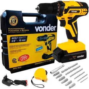 Furadeira e Parafusadeira à Bateria 12V bivolt pfv 012 com Kit de Brocas e Bits vonder